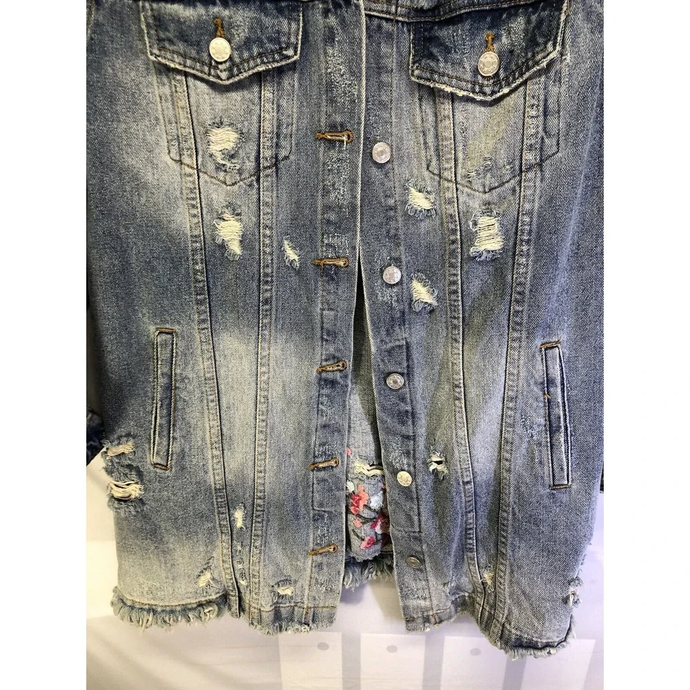 Mustard Seed distress Embroidered Denim Jean Jacket w Facts Saying Sz Medium - Picture 6 of 10